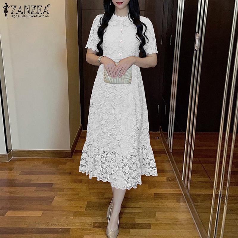 ZANZEA Women Casual Round Neck Short Sleeve Elegant Lace Patchwork Dress