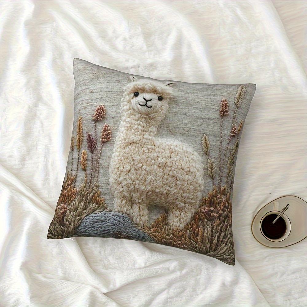 2D Flat Printing Vintage Alpaca Embroidery Throw Pillow Cover -Non-real Embroidery, Soft Plush Polyester