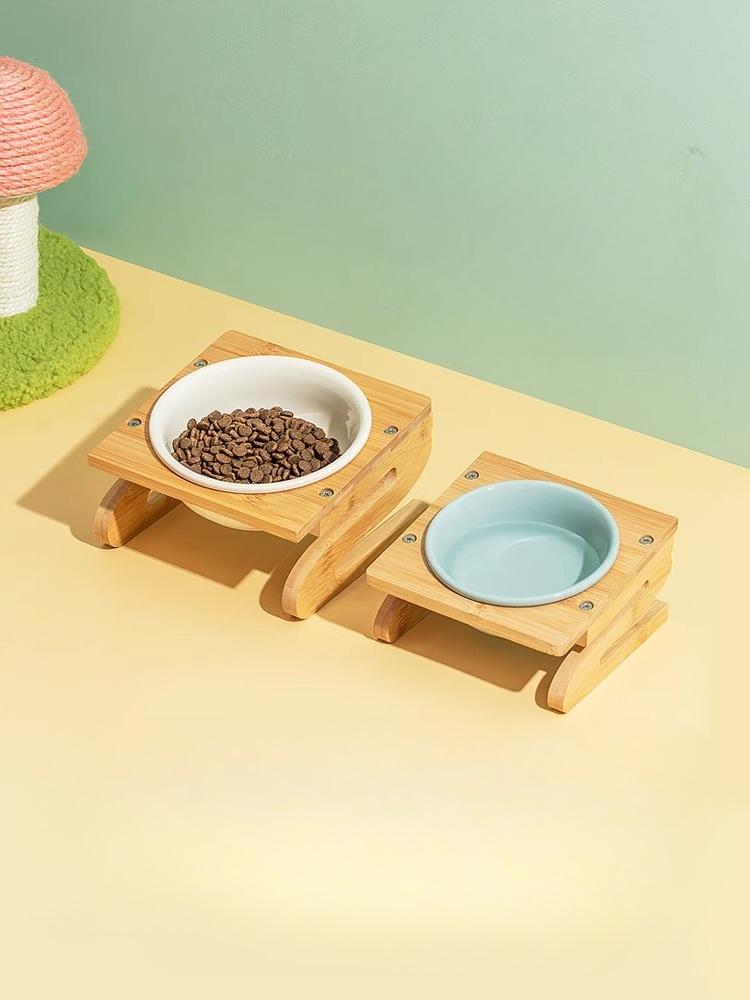 Tilted Ceramic Pet Bowl Bamboo Wood Stand Neck Protection Anti Spill Food Water Dish for Corgi Small Dogs Cats