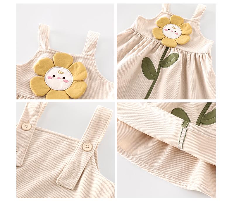 2025 Autumn Girls' Floral Embroidered Cartoon Suspender Dress - Korean Style