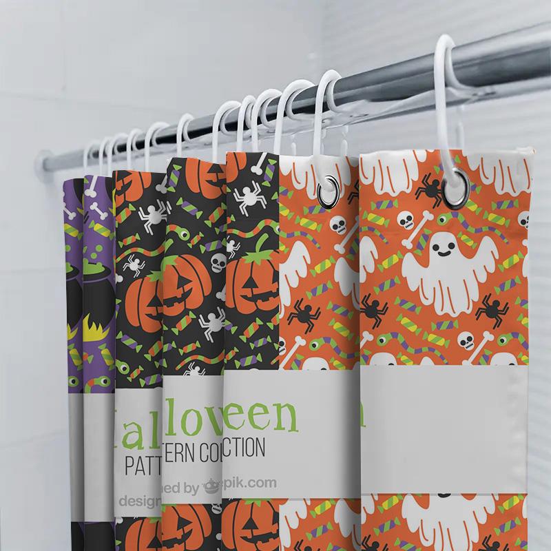 Halloween Pattern Shower Curtain Set For Bathroom Decoration Washable Polyester Fabric With Haunted House Ghost Design In Multip