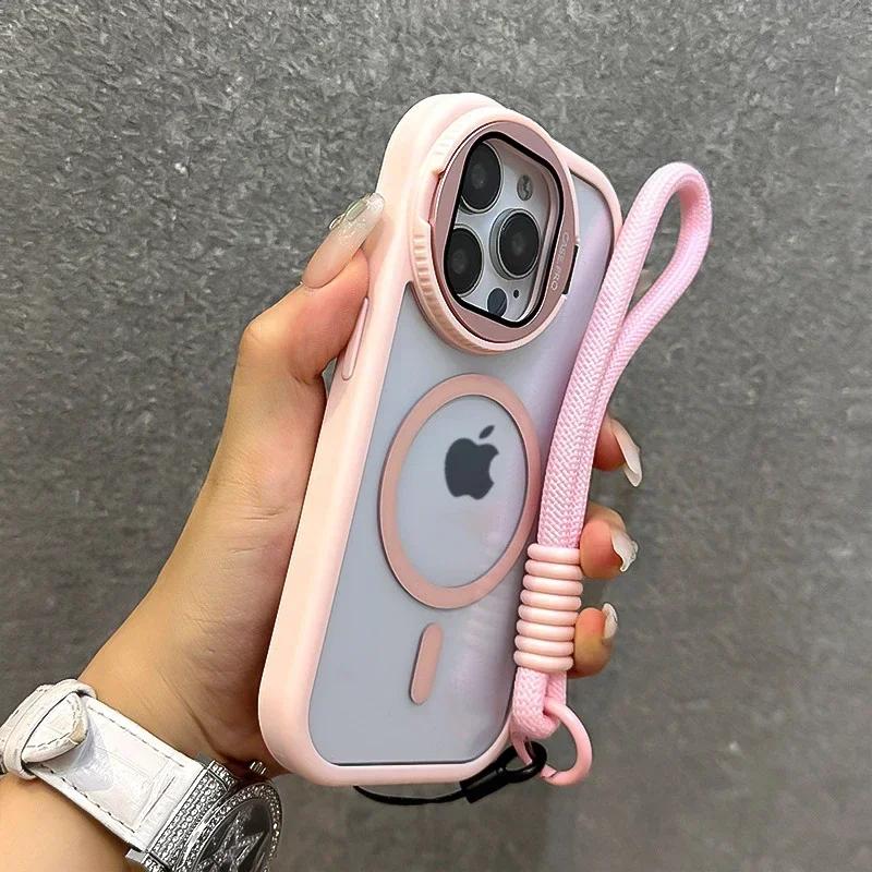 Fold Glass Lens Stand Magnetic Clear Case for 16 15 14 13 11 12 Pro Max Plus Wrist Strap Cord Shockproof Cover