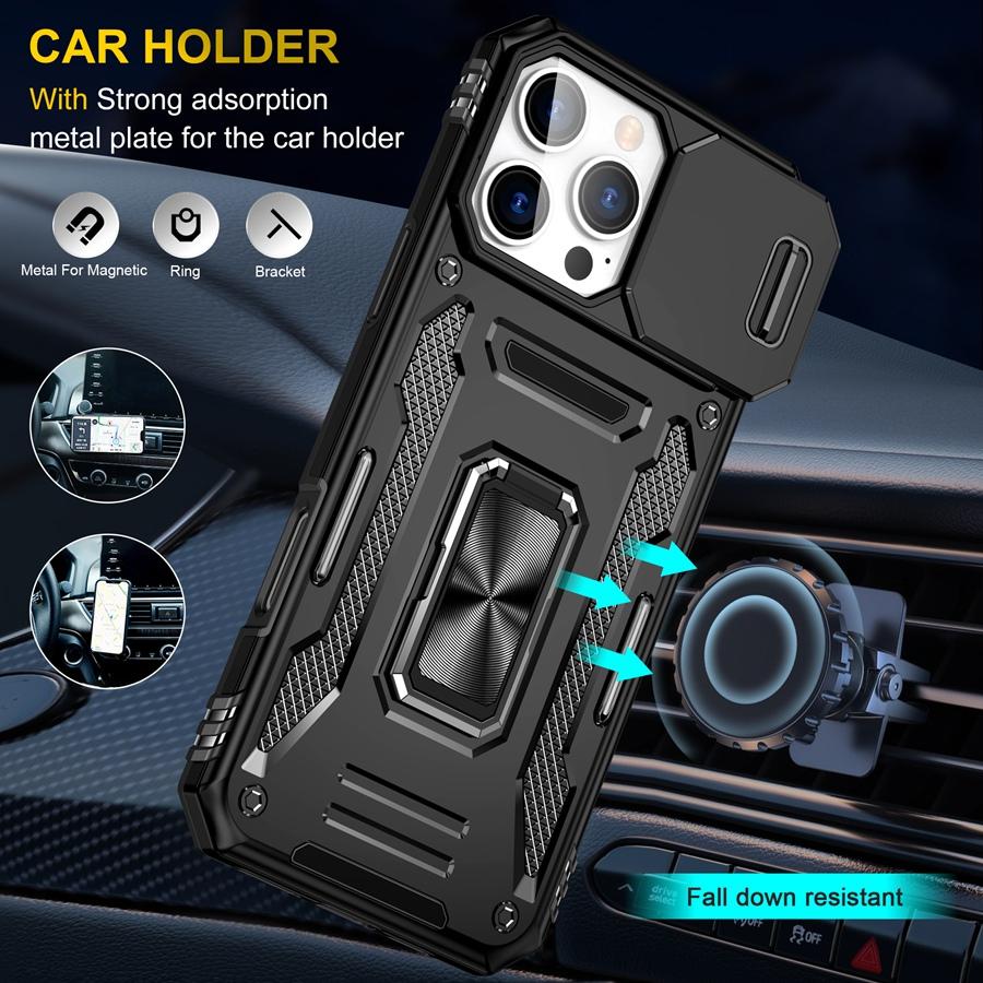 Military-Grade Armor Phone Case with Slide Camera Cover & 360° Rotating Magnetic Stand for iPhone 16 15 14 13 Shockproof Hybrid Car Mount Compatible