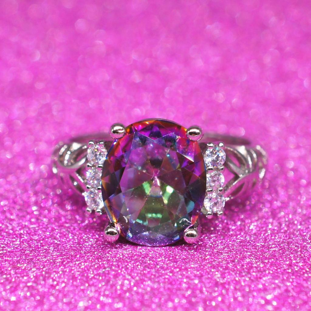 Zhenrong Rainbow Gemstone Ring: European & American Style, 7-Color Stone, 925 Silver-Plated Women's Jewelry