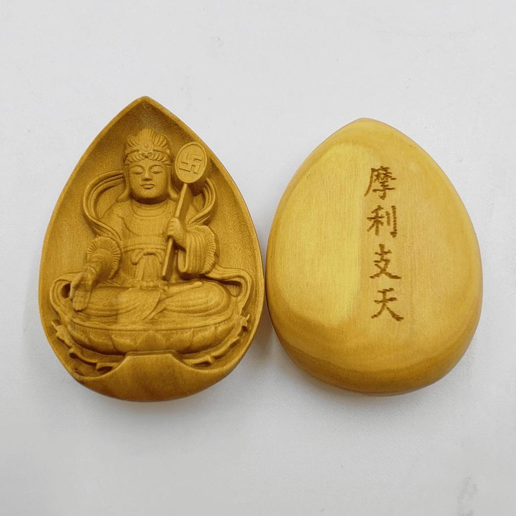Wooden miniature Buddha statue Pocket Buddha Guardian deity Information Made of boxwood [Seated Marishiten] 3.8cm
