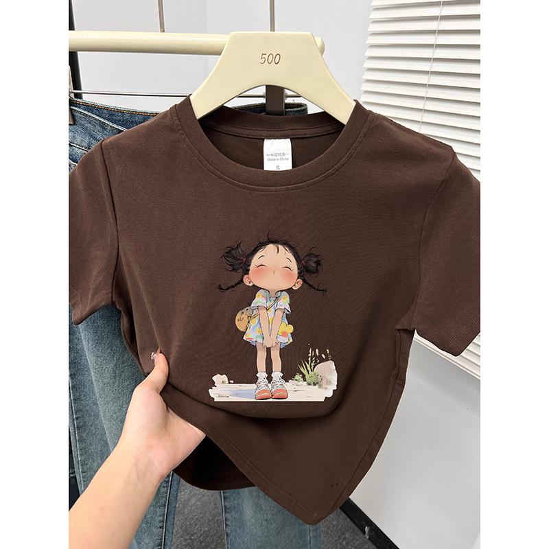 

Мультяшний принт Маленька футболка з круглим вирізом та короткими рукавами для жінок - Корейська літня мода, що омолоджує XL коричневий