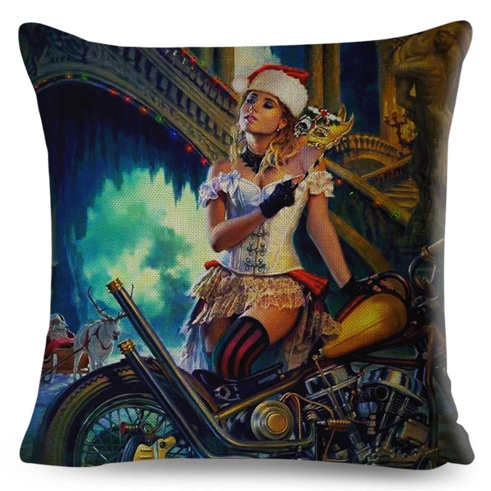 Vintage Sexy Motorrad Lady Kissenbezug Dekor Ölgemälde Cartoon Frauen Kissenbezug für Sofa Auto Polyester Kissenbezug 45x45