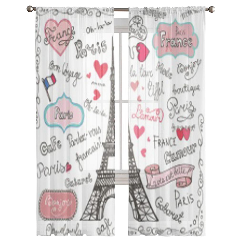 Set aus Pariser Symbolen Schriftzug Luxuriöse Chiffon Sheer Vorhänge für Wohnzimmer Schlafzimmer Dekoration Fenster Voiles Tüllvorhang