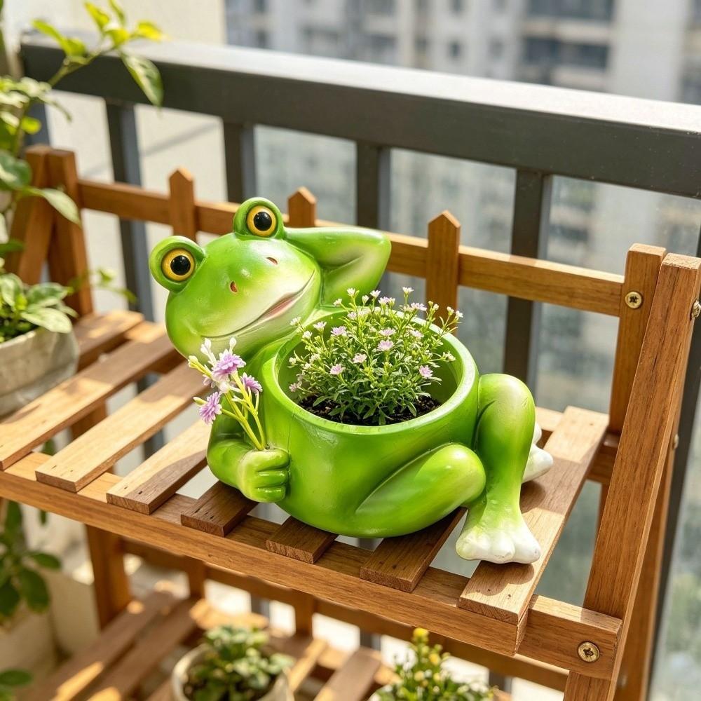 Funny Resin Frog Flower Pot Cartoon with Drainage Hole Succulent Planter Decorative Plant Holder Balcony Decor