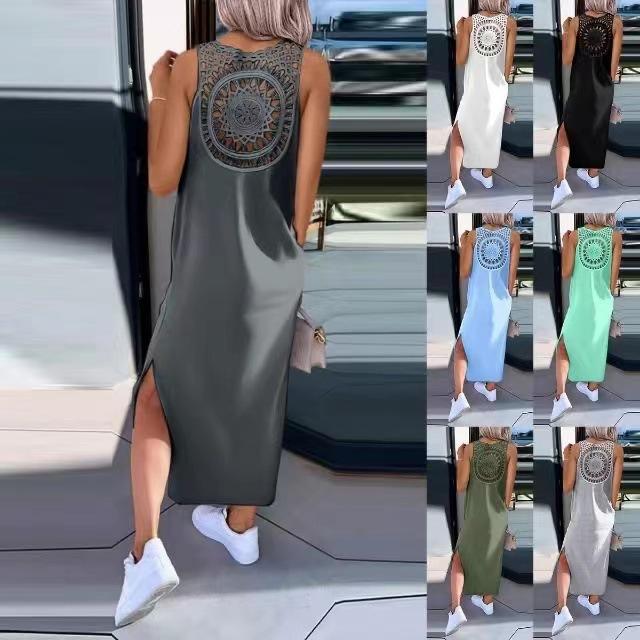 Summer Sleeveless Hollow Sexy Loose Dress Women Fashion Slit Solid Casual Dresses Women Round Neck Mid Length Slim Ladies Dress