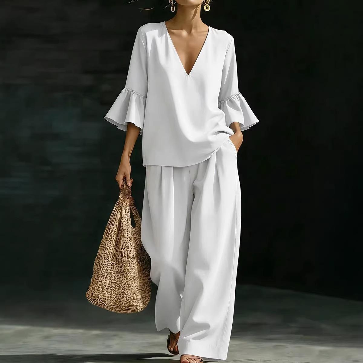 

Новый летний топ с коротким рукавом однотонный с V-образным вырезом, стильный и повседневный комплект из двух предметов: топ и широкие брюки для женщин S белый