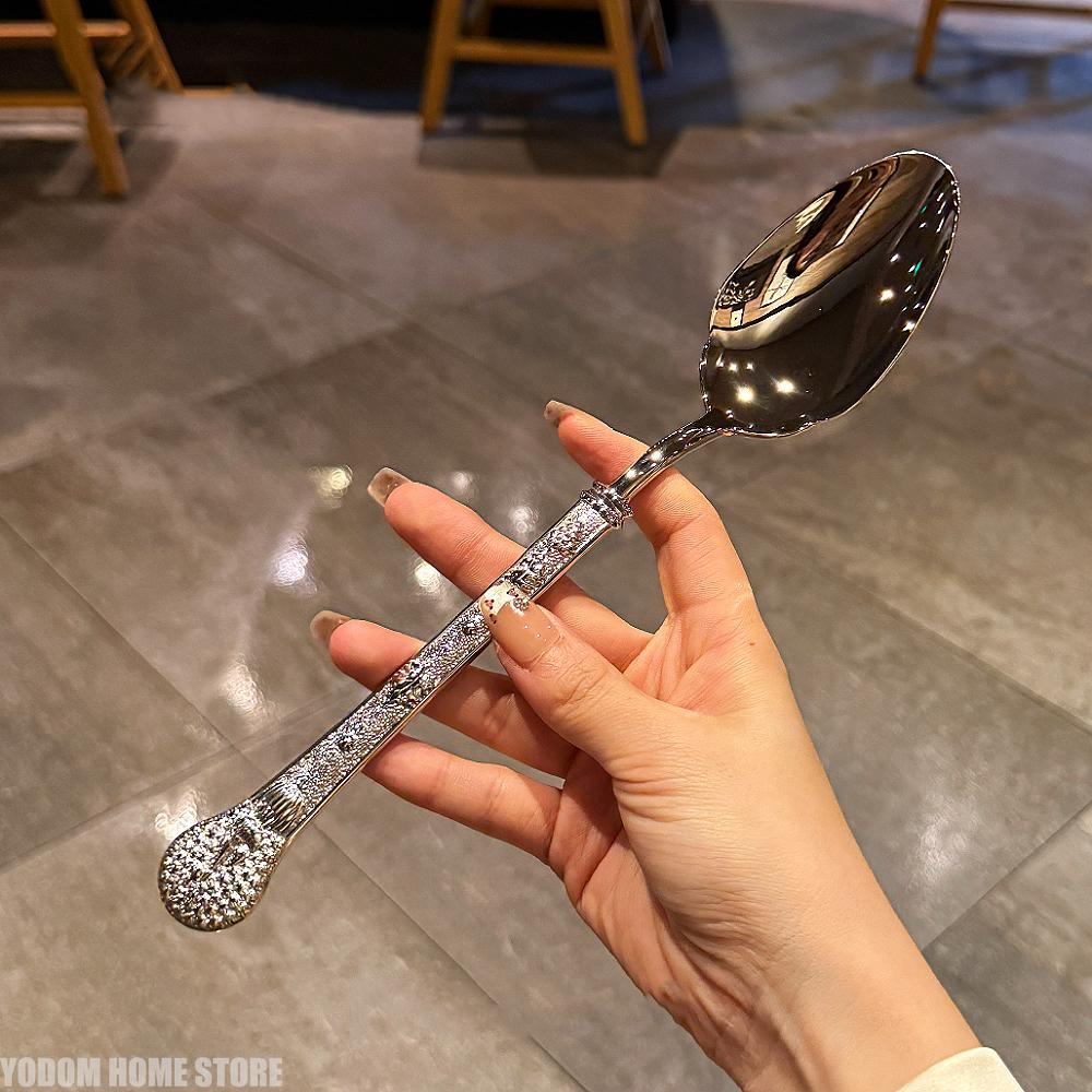 1Pcs European Elegant Relief Soup Spoons Set - 18-10 Stainless Steel Serving Spoons for Dining Dessert Kitchen & Gift Giving