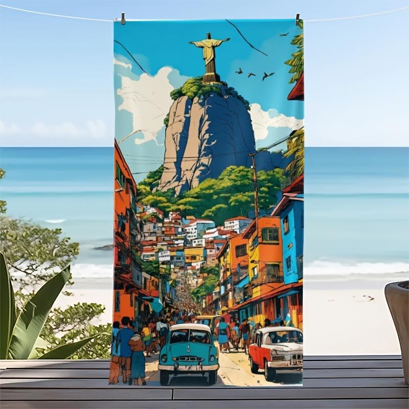 1PC Brazil Style Beach Towel, Rio de Janeiro Christ Statue Colorful Houses Art Pattern Design for Travel Beach Pool Summer Use