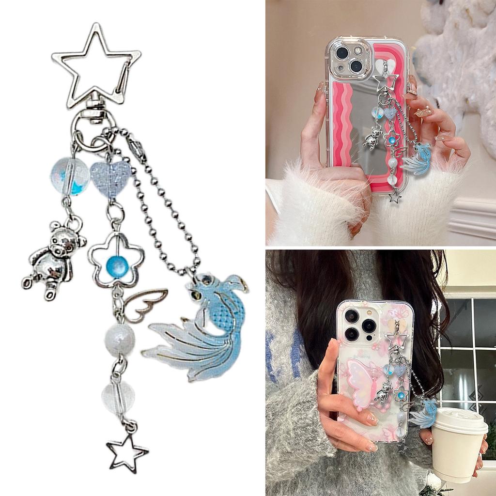 Stylish Hollow Star and Jellyfish Charm Phone Chain Sturdy Kerchain Pendant Beaded Keyring Accessory for Women Ladies