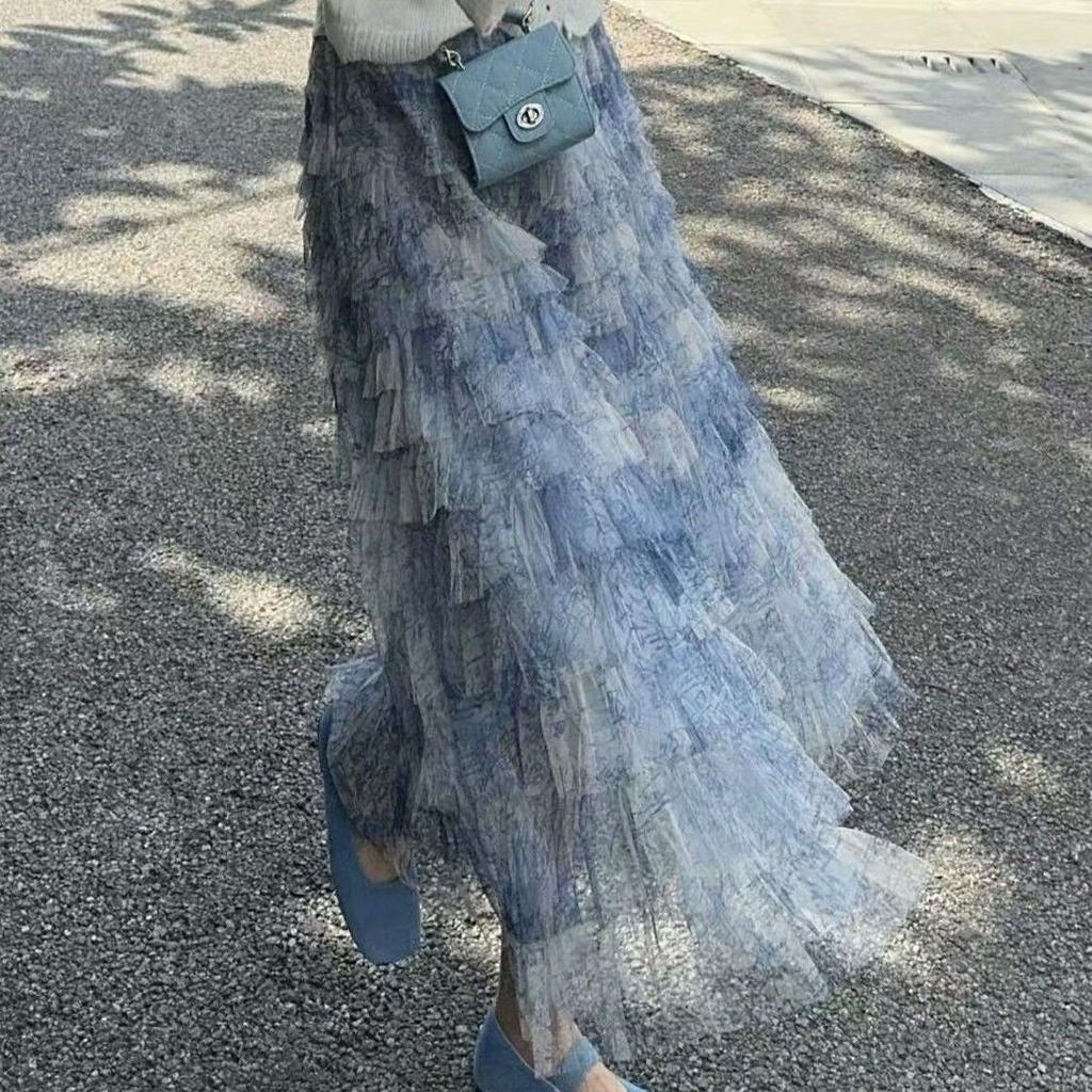 Vintage High Waist Ink Wash Versatile Slimming Puff Long Tiered Skirt Spring Summer Printed Tulle Midi Skirt for Women