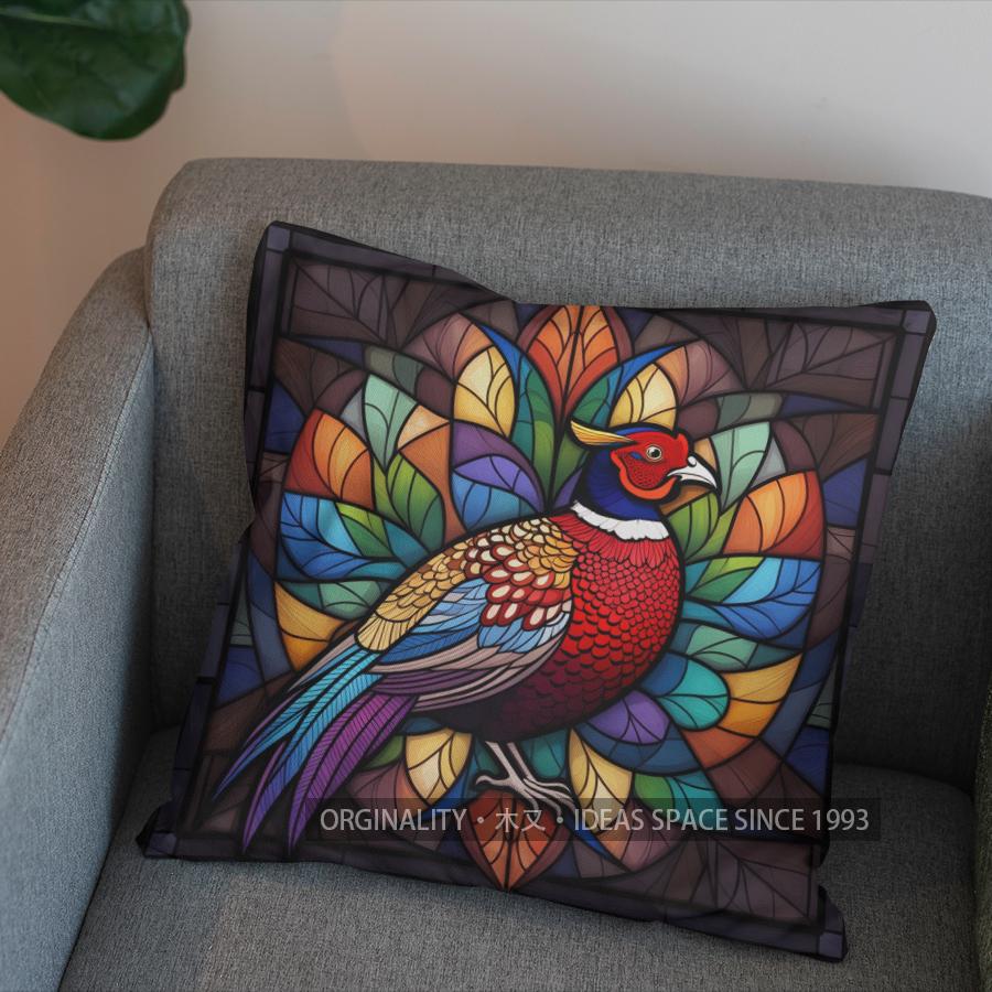 2D Colorful Pheasant Stained Glass Style Pillow Cover Pattern Cushion Cover Suitable For Sofa Bedroom Car Pillow Cover