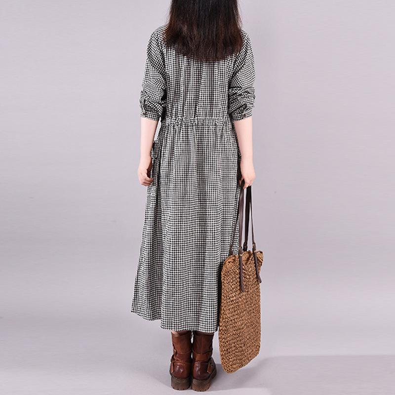 Autumn Korean Loose Patchwork Plaid Long Sleeved Dress Women Lace Up Waist