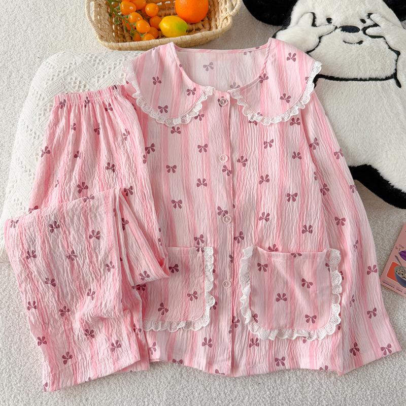 Light Luxury Sweet Striped Bow Cloud Cotton Edge Doll Collar Pajamas Women'S Casual Long-Sleeved Trousers Set