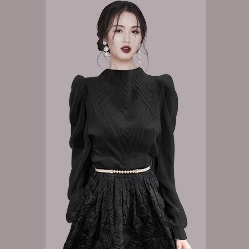 New Fashion Long Sleeve Stand Collar Black White Chiffon Blouse Shirt Women Tops J386