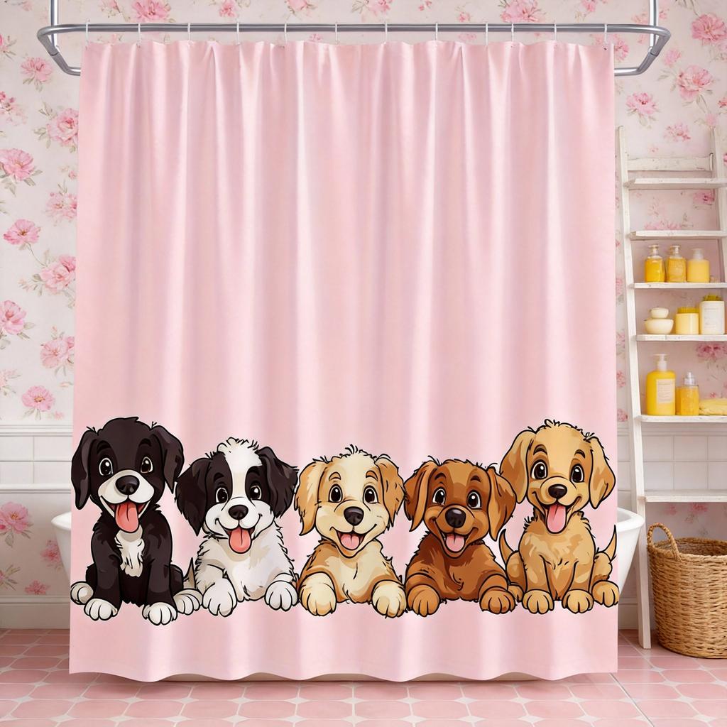 Puppies Shower Curtain 180x180cm – Cute Dogs with Expressive Eyes, Dog Lover Bathroom Decor, 12 Hooks