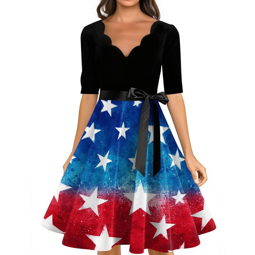 Women Vintage Dress with Scalloped Neckline Half Sleeve Star Print High Waist Tie Back Retro Style