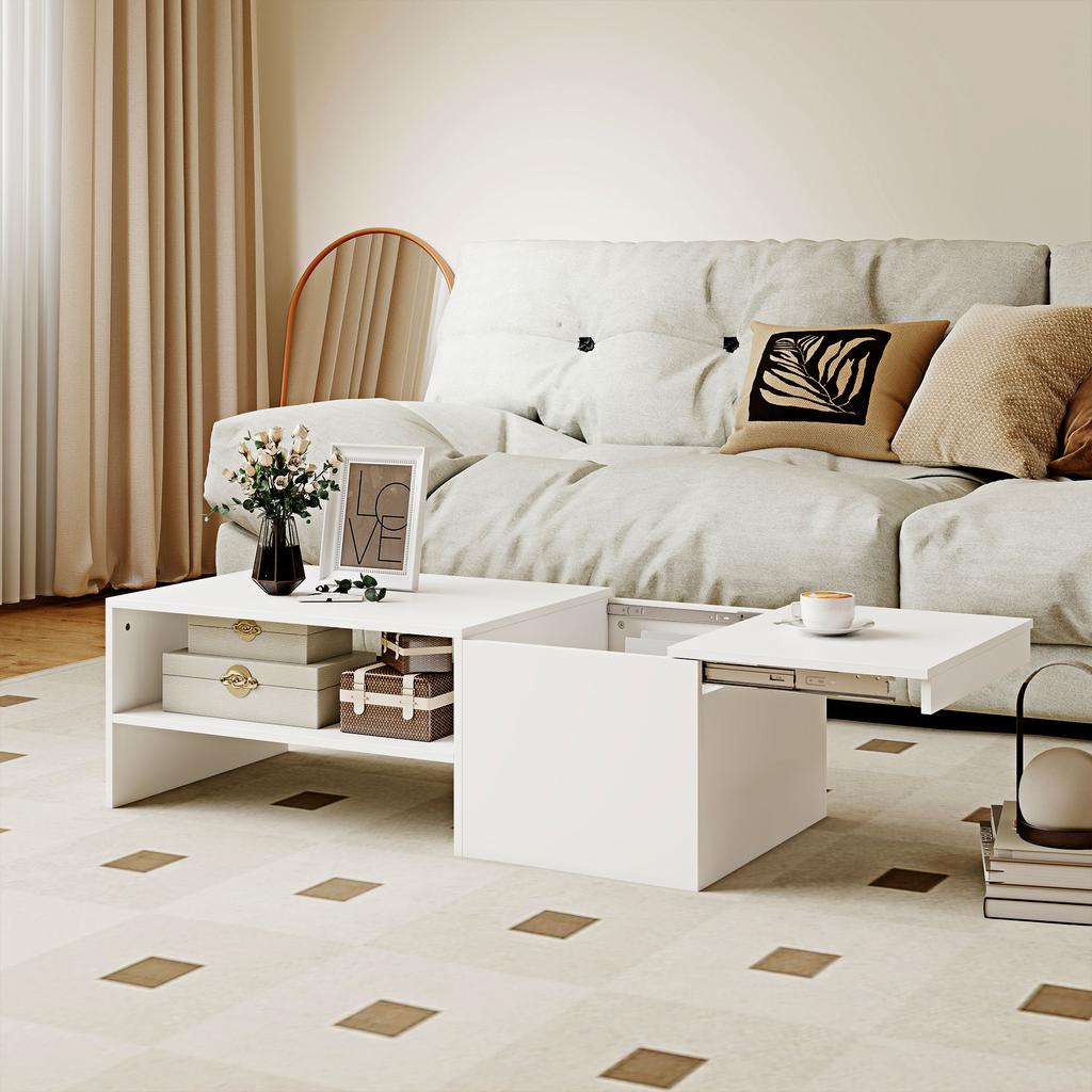 Adjustable Coffee Table, Metal Rails, Particleboard, Foot Pads, White