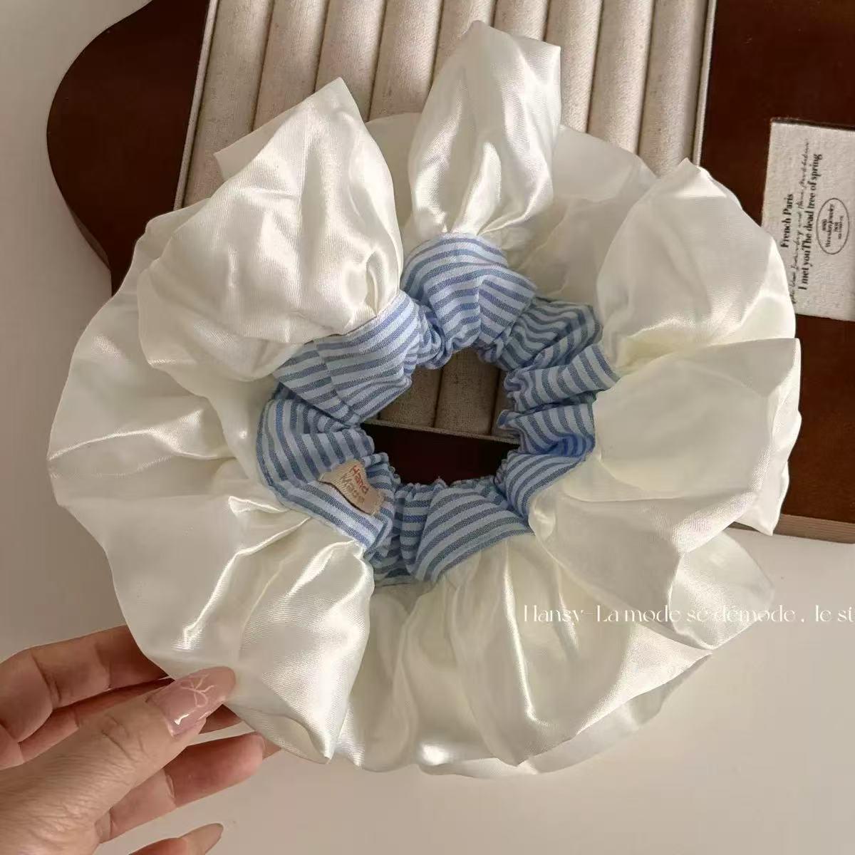 Korean Ballet-Inspired Blue Striped Satin Scrunchie - Versatile High-End Hair Accessory