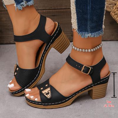 Boho Style Women'S Sandals Women'S Thick Medium Heel Adjustable Strap Solid Color One Line Sandals Wedge Sandals