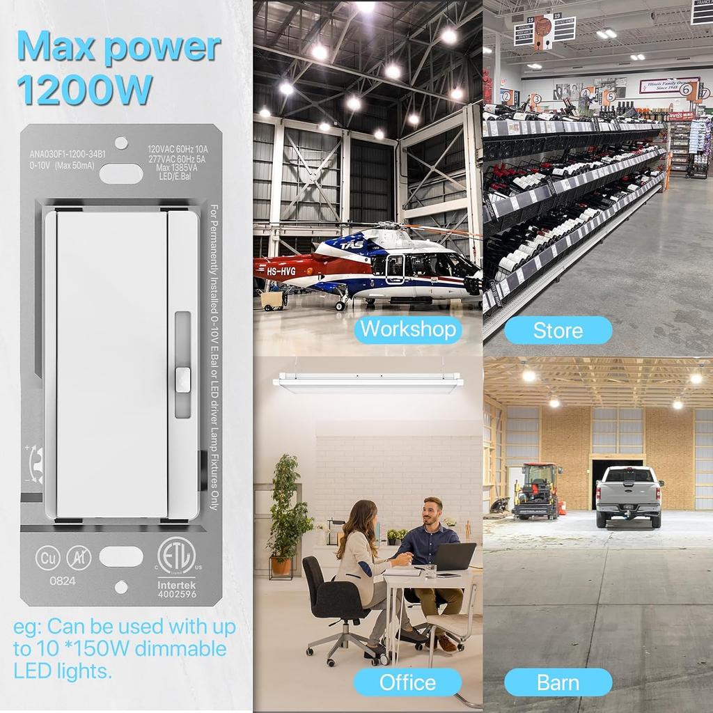 HYPERLITE 1-10V Dimmer Switch, Light Switch for Dimmable LED Lights, Max 1200W LED Light 120-277V, Single-Pole or 3-Way, ETL Listed