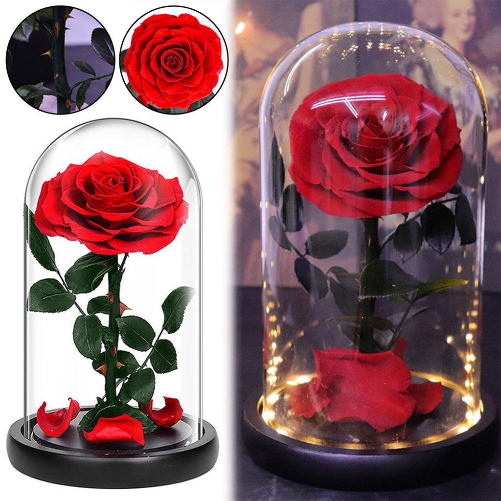 Preserved Rose In Glass Domes With LED Light Gift For Girlfriend Sturdy Lasting For Year Romantic Dinner Setting