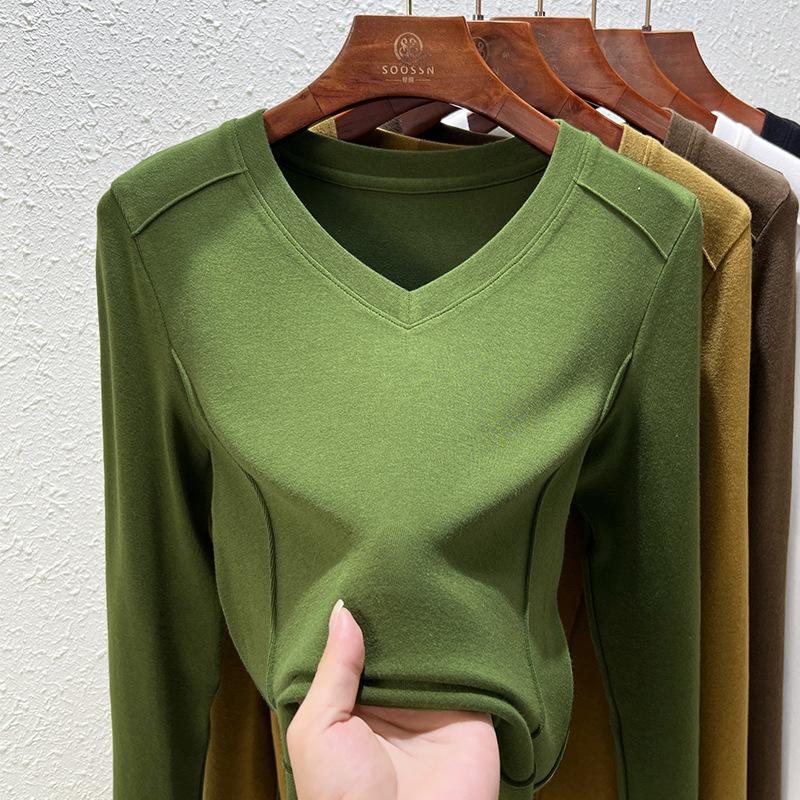 Front shoulder women's spring and summer new fishbone line design top women's bottoming shirt long sleeve t-shirt