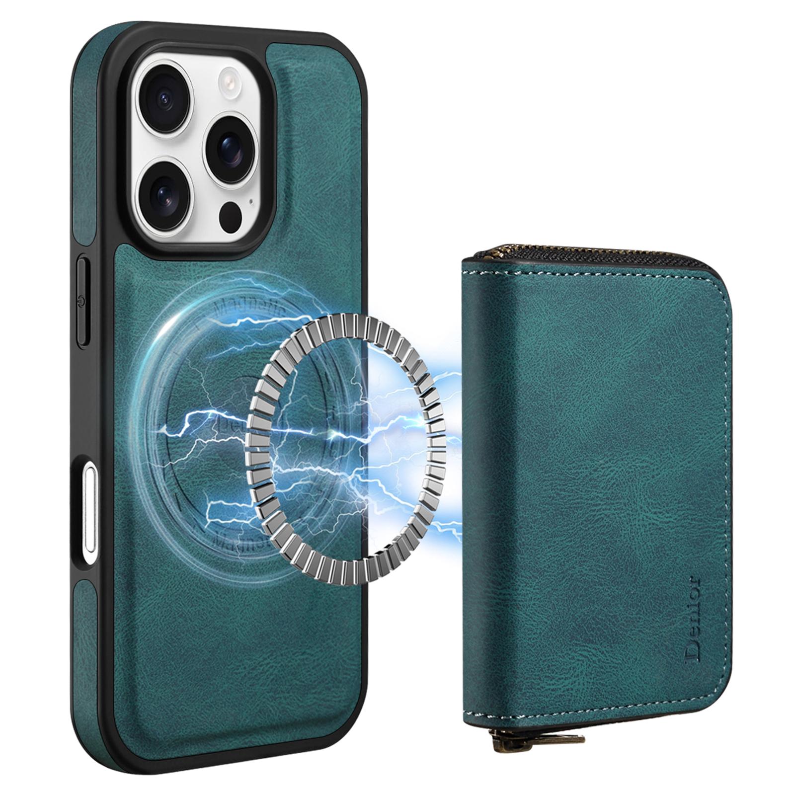 

DENIOR For iPhone 16 Pro Max Case Skin Touch Leather Back Cover with Detachable Zipper Card Slot Blue