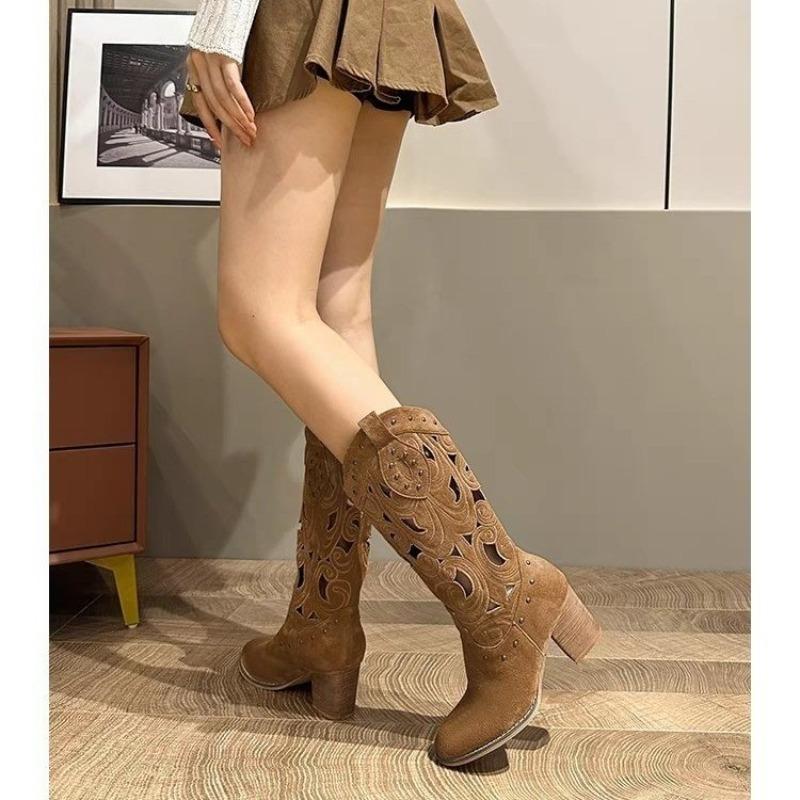 Fashion New Fashion Hollow Embroidered Vintage Western Boots Women Autumn Chunky Heels Knee High Cowboy Boots Woman Leather Knight Boots