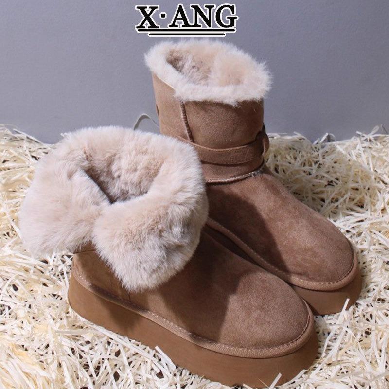 Sangpo leather wool integrated snow boots women's thick-soled non-slip velvet thickened warm cotton shoes medium boots