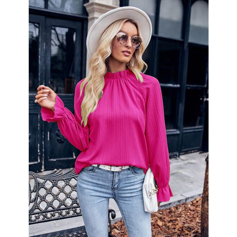 Fashion Elegant Long Sleeve Jacquard Women Blouse Loose Simple Office Shirt Female Stand Collar Solid Color Vintage Tops 3303