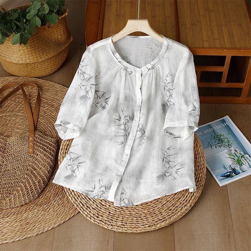 3365 Women's Lightweight Ink Bamboo Print Summer Ramie Top - Breathable & Unique Style