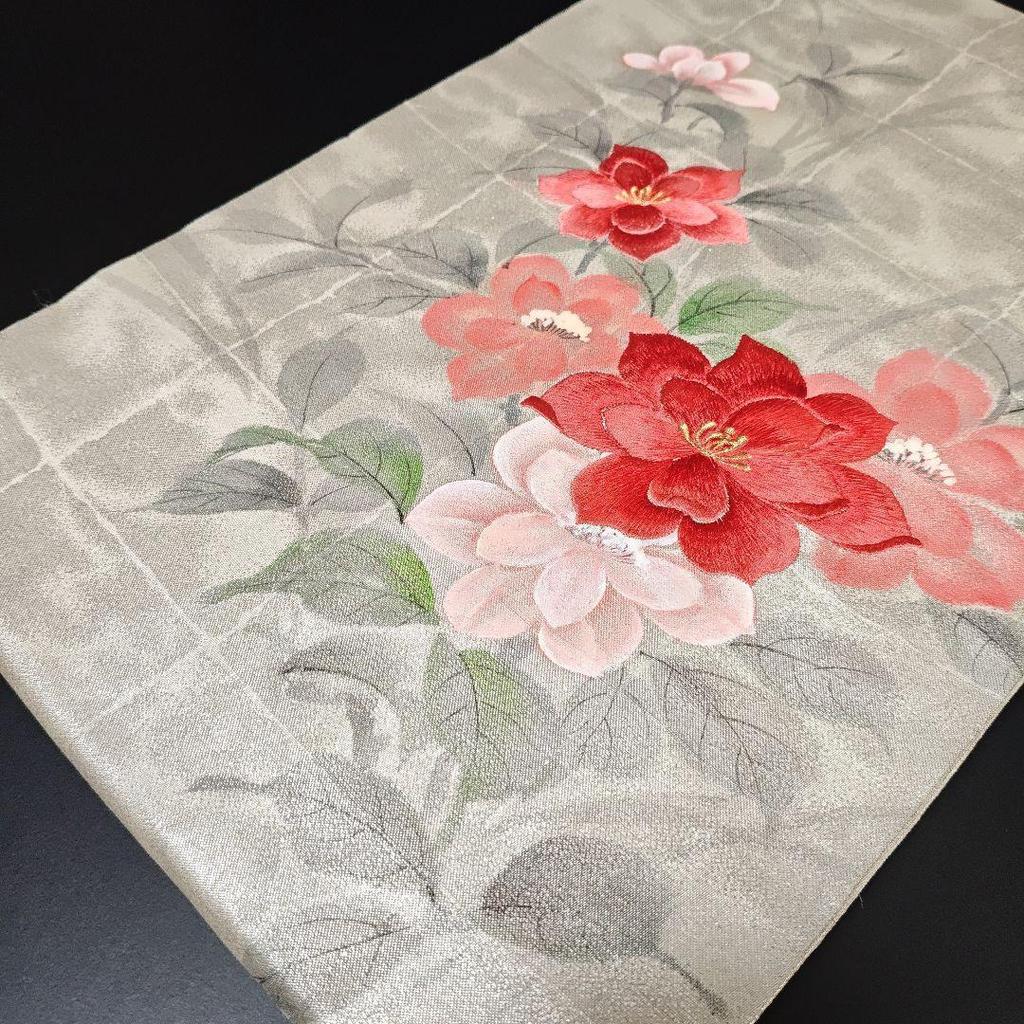 Used H-703 Nagoya Obi Made In Nagoya, Pure Silk, 9 Inches, Hand Embroidered, Hand-painted Flower Pattern, Signature Included