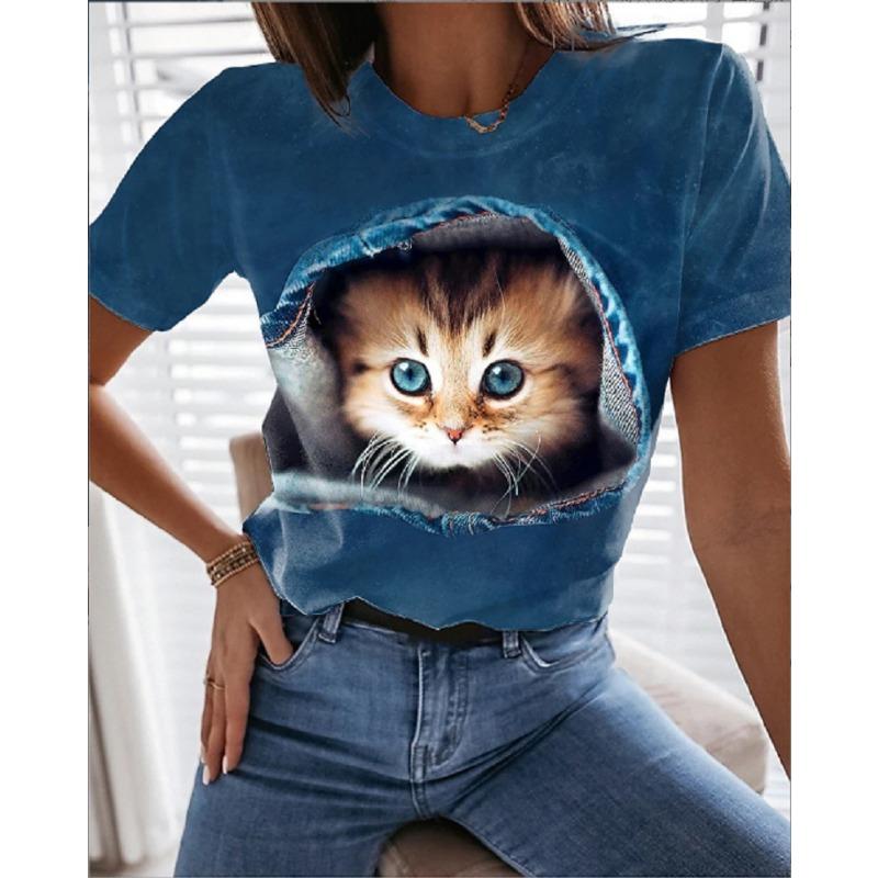 Summer 3D Printed Cat Casual Women's T-shirt with Cat Pattern Printed Round Neck Shirt