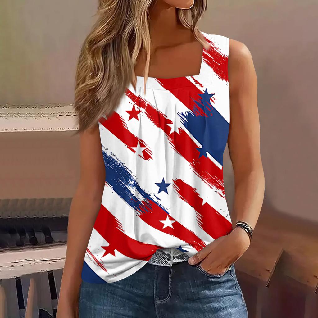 Square Collar Tank Top Women Print Tank Tee Casual Loose Fit Sleeveless Shirt