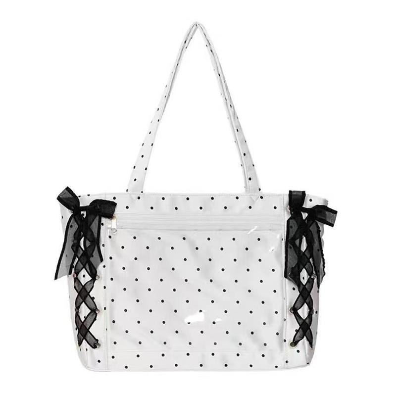 Cute Polka Dot Canvas Tote Bag Women Large Capacity Shoulder Bag With Lace Bow Ribbon Decor Casual School Use Commuter Tote Bag