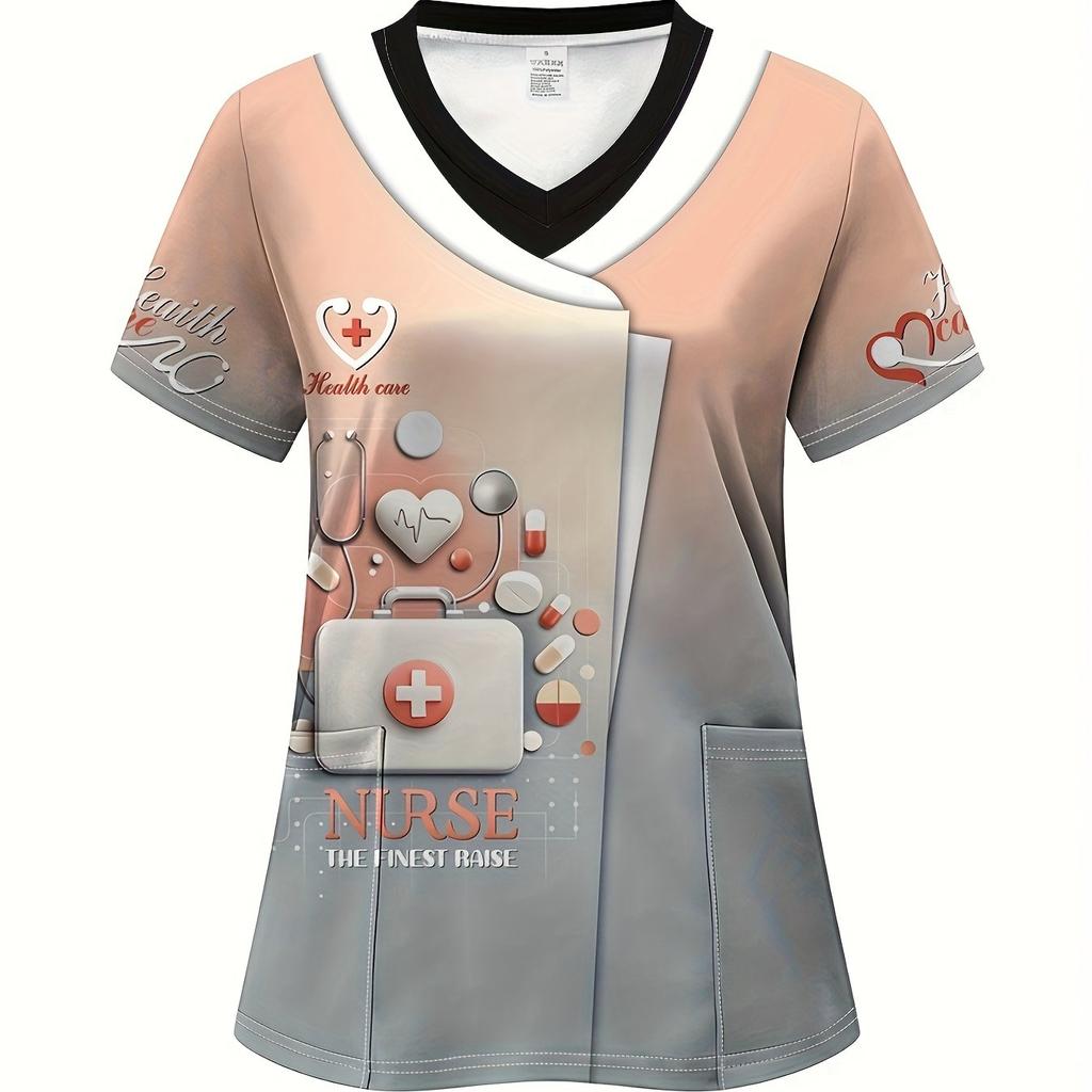 2025 Women's Summer Clothes Stylish Barber Uniform - Black V-Neck T-Shirt with Scissors Comb Print Perfect for Hairdressers