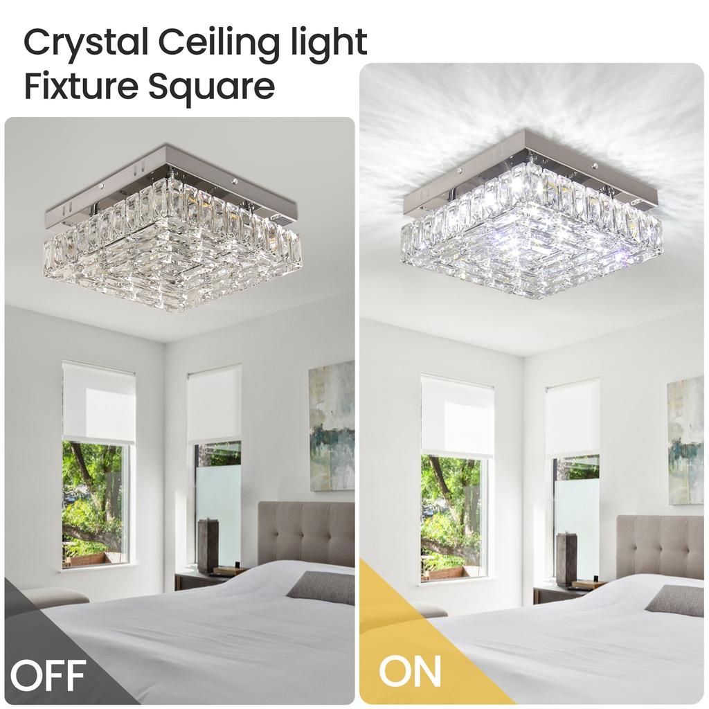 Modern Square Crystal Chandelier LED Small Chandeliers Flush Mount Ceiling Light Fixtures for Bedroom Hallway Foyer 6000K