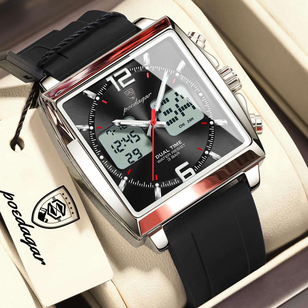 POEDAGAR Square Electronic Man Clock LED Alarm Chronograph Quartz Sport Men Watch Week Date Fashion Military Men's Watches Reloj