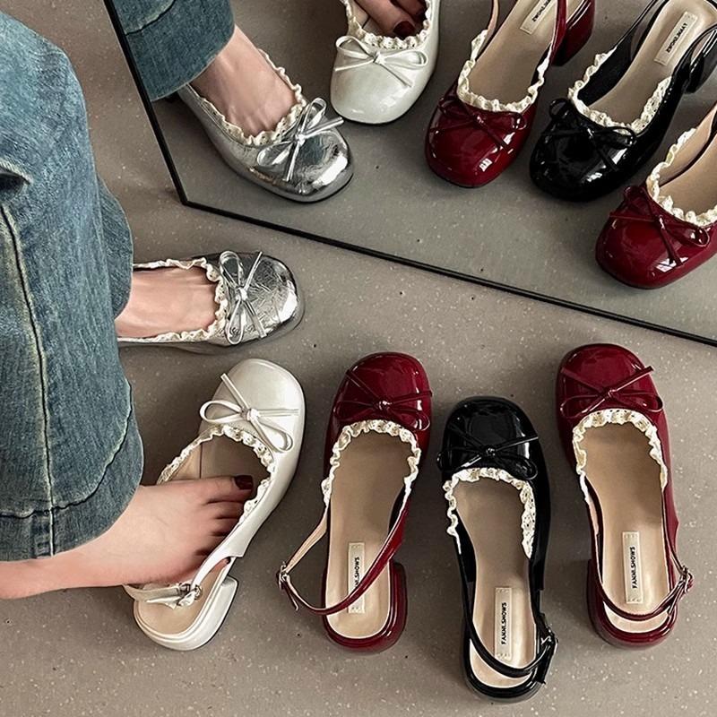 Summer Women Sandals  Lace Thick Heel Fashion Butterfly-knot Ladies Cover Toe Dress Singbacks Bow Mary Jane Ballet Sandalias