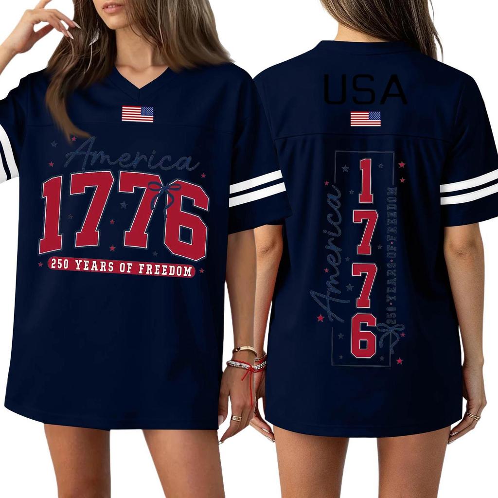 Women's Casual Fashion V-Neck Sports Independence Day Print Short Sleeve Sports T-Shirt Top