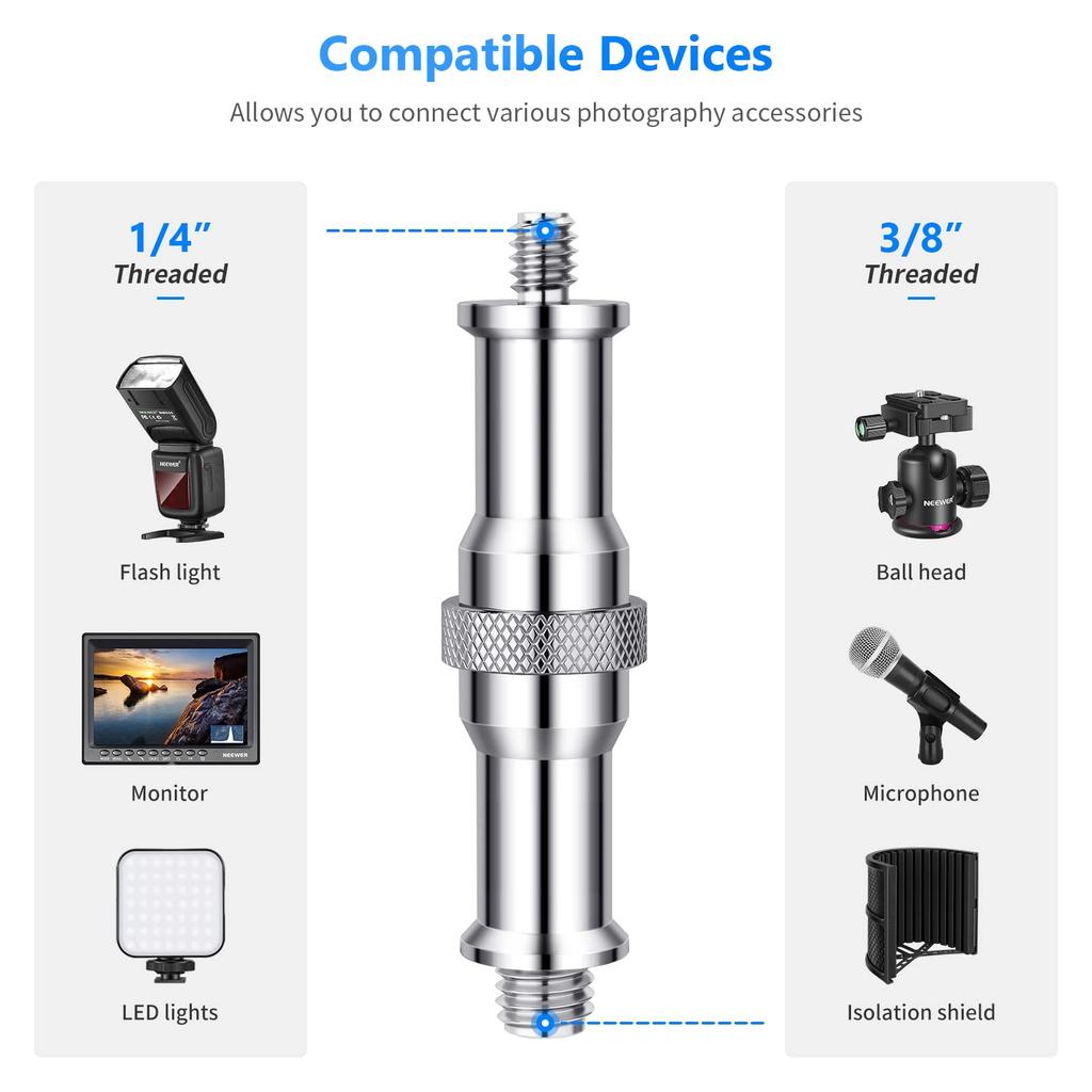 NEEWER 3 Pack Universal to Metal Male Converter Screw Adapter Spigot Stud for Light Stand Shoe Flash ST22 1/4" 3/8" Studio/Hot Shoe/Cold Adapter/Ball