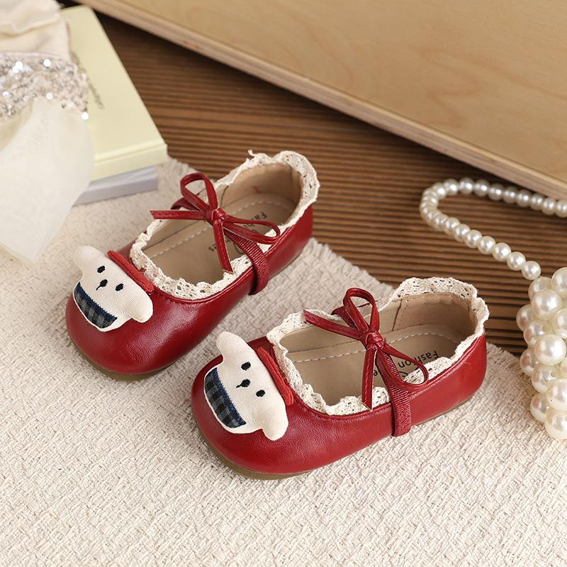 Kids Red Lace Cartoon Puppy Decor Mary Jane Flat Shoes 21 красный