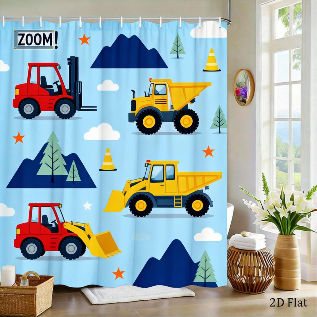 Construction Truck Shower Curtain Yellow Excavator, Dump Truck & Bulldozer On White, Kids' Bathroom Decor For Boys And Toddlers