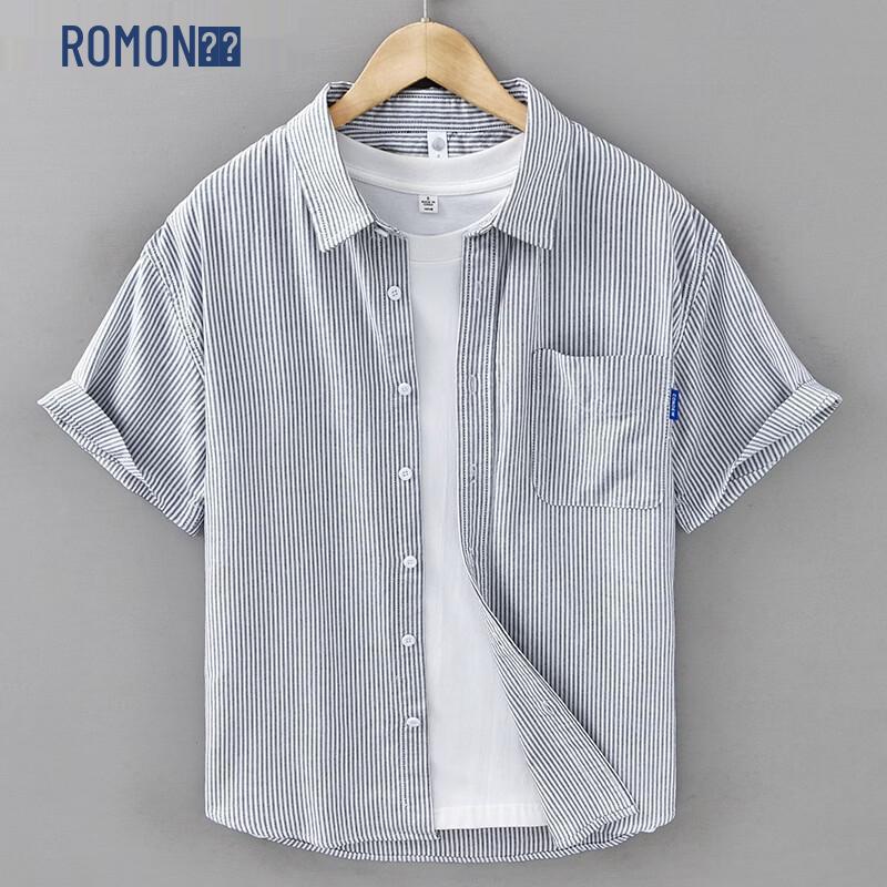 ROMON Men s Japanese Style Striped Pure Cotton Short Sleeve Shirt XL