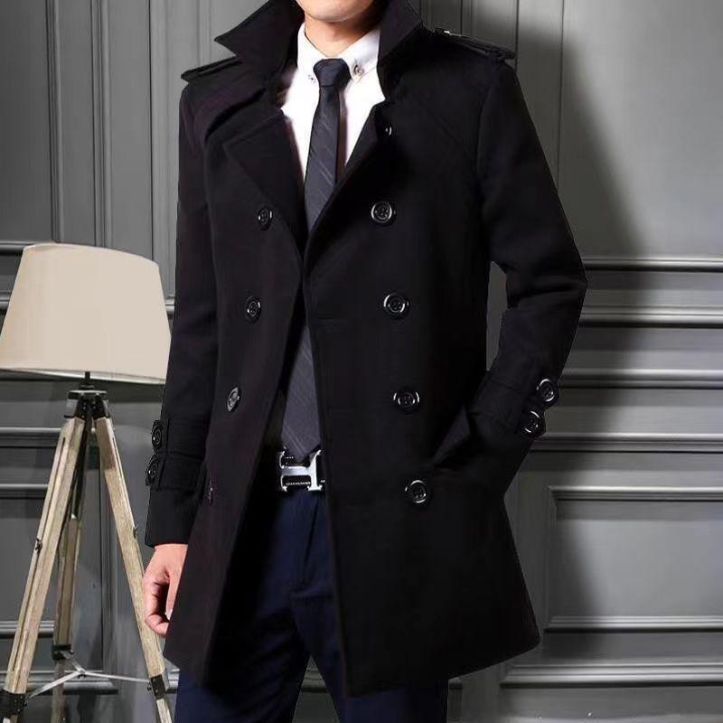 Men's Mid-Length Woolen Double-Breasted Windbreaker with Velvet Lining - Autumn/Winter 2021 Trend